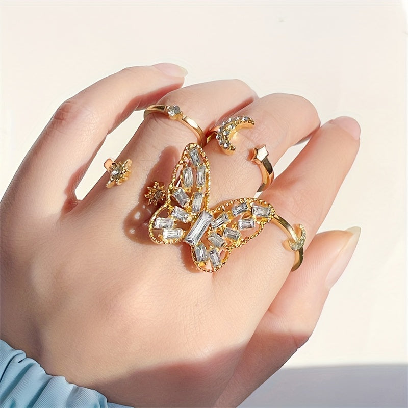 Set of 5 Stylish And Unique Women's Rings Featuring Creative Vintage Golden Butterfly Designs with Embedded Rhinestones And Geometric Open Joint Rings.