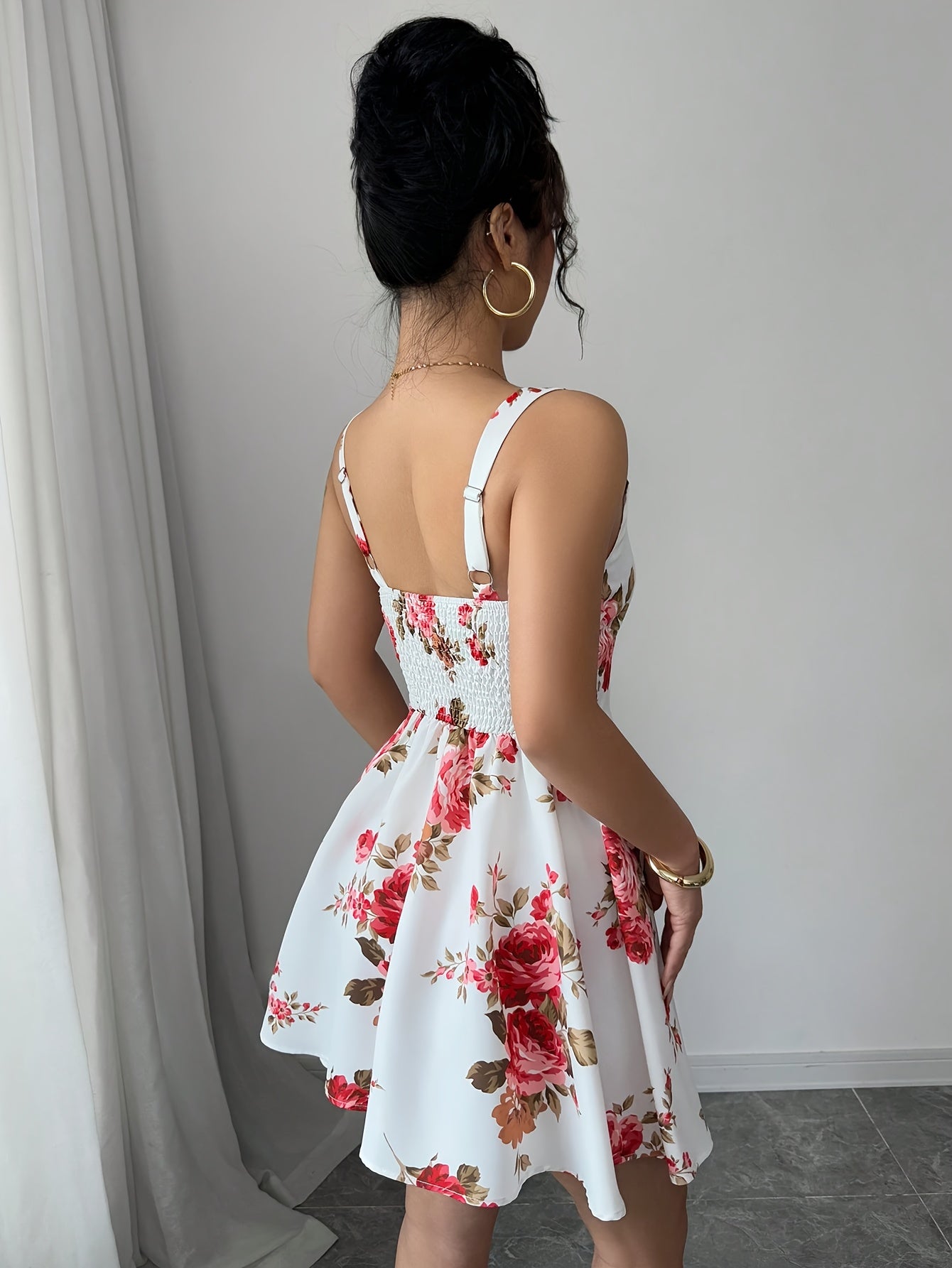 Elegant Floral Print Sleeveless A-Line Dress for Women - Lightweight Polyester Summer Dress with Square Neckline, Machine Washable, Perfect for Spring and Summer Outings, Spring Summer Dress | Summer Elegance Wear | Glossy Te