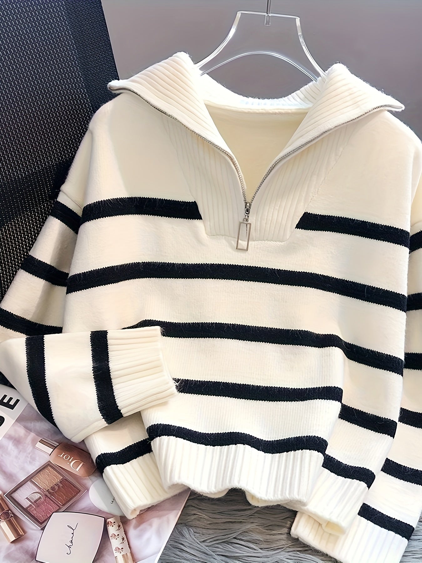 Soft Touch, Chic Striped Zip-Up Sweater for Women - Cozy & Thick, Perfect for Spring/Fall, Machine Washable