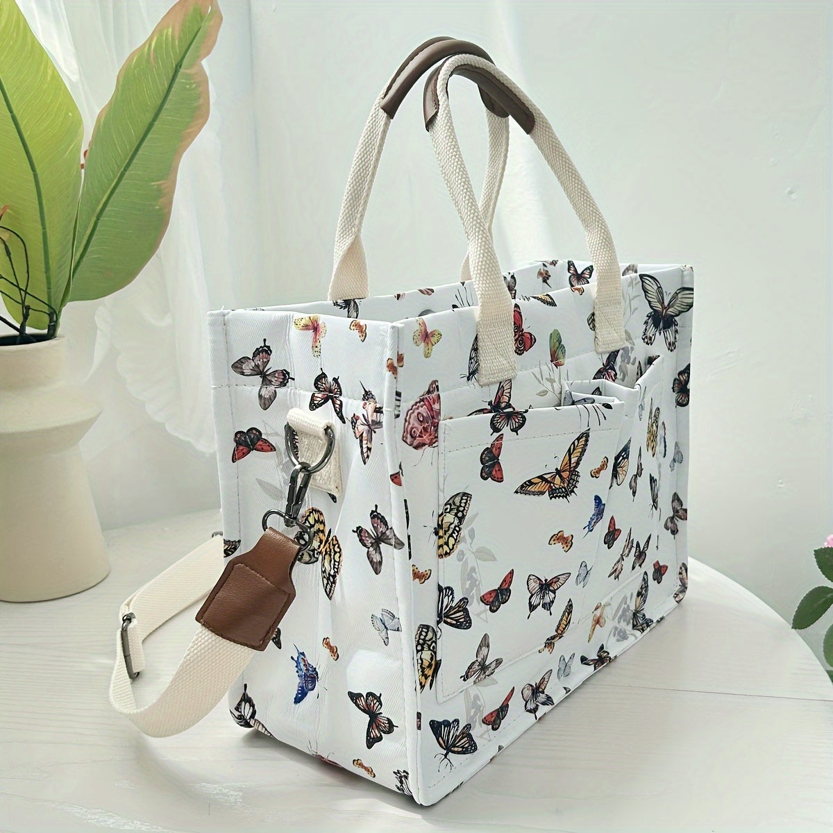 Butterfly Tote Bag For Women Canvas Patched Purse Cute Shoulder Bag Multi-Pocket Satchel Handbag For Work Books Travel, Bag Only