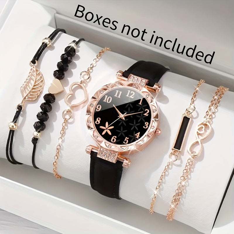 6pcs/set Wome nens wath Csal Rower Quatz Wath Aalcogu L eather tW wacn & Bralese Git for MomHer