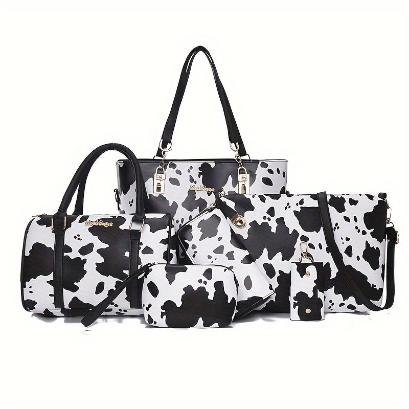 6pcs Retro Letter Print Womens Bag Set - Stylish & Versatile Tote, Boston Bag, Crossbody, Clutch, Wallet, Wristlet & Key Holder