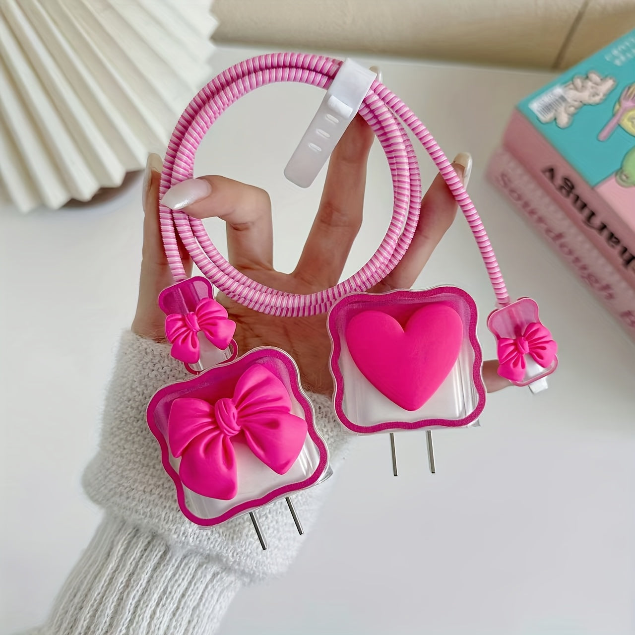 3D Rose Red Bowknot Compatible with iPhone 18/20W Charger Data Cable Protective Case, Anti-Break