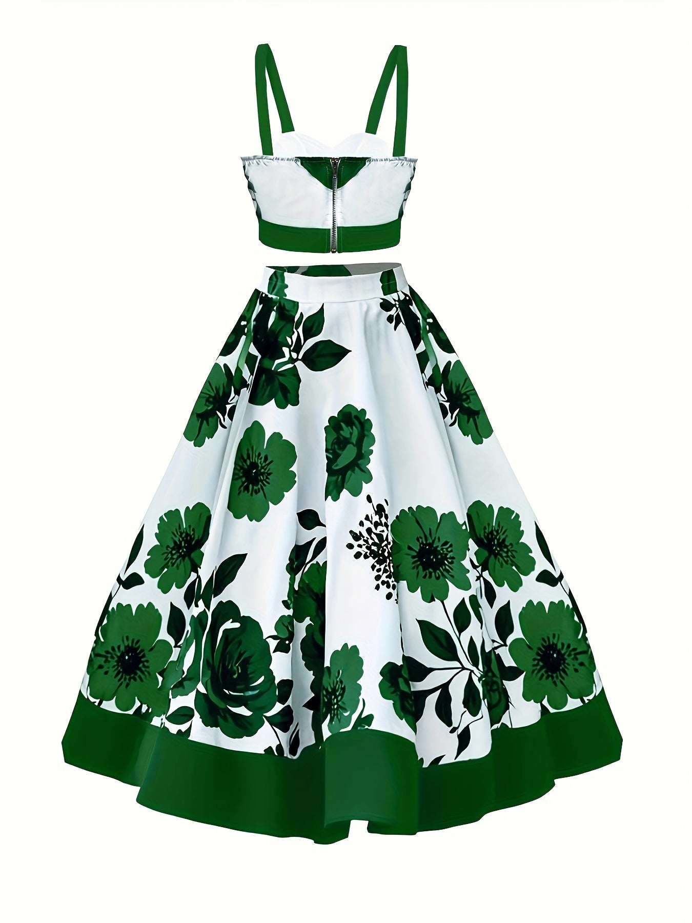 Elegant Floral Print Two-Piece Skirt Set - V-Neck Crop Top & High-Waist Flared Skirt, Polyester/Spandex Blend, Machine Washable, Perfect for Spring/Fall Fashion