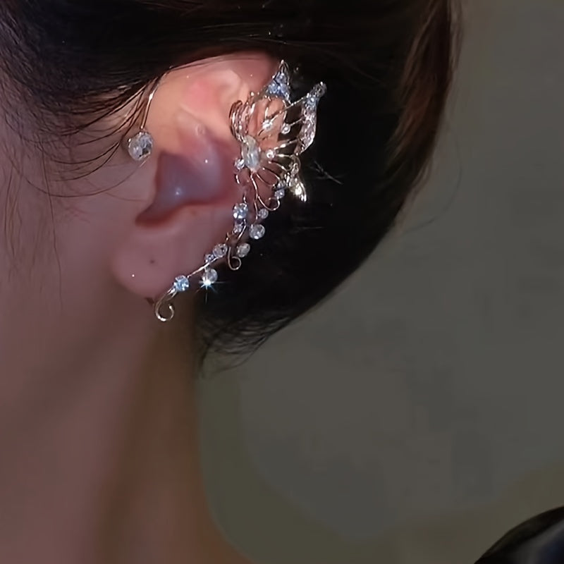 2pcs Butterfly Fairy Ear Cuff Earrings – Non-Pierced Elven Ear Crawlers with Sparkling Synthetic Zircon, Handmade Fantasy Jewelry for Women & Girls, Cosplay or Special Events