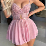 Women Lingerie Chemise Nightdress Lace See-Through Sleeveless Cami Dress Nightgown Sleepwear Slips Nightie with Thong