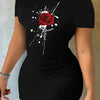 Women's Casual Short Sleeve Round Neck Bodycon Dress - Black with Red Rose & White Splatter Print, Machine Washable Summer Dress for Adults, Casual Attire | Casual Style Dress | Comfortable Fit