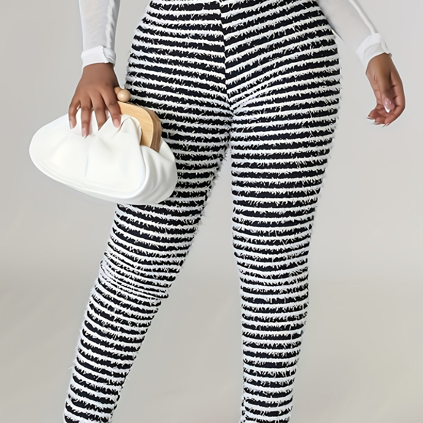 Women's High-Waist Striped Skinny Pants - Black & White Stripes, Butt-Lifting, Casual Fit, Machine Washable, All-Season Comfort, Medium Stretch Fabric, Comfortable Fashion | Figureenhancing Style | Smooth Texture, High Waiste