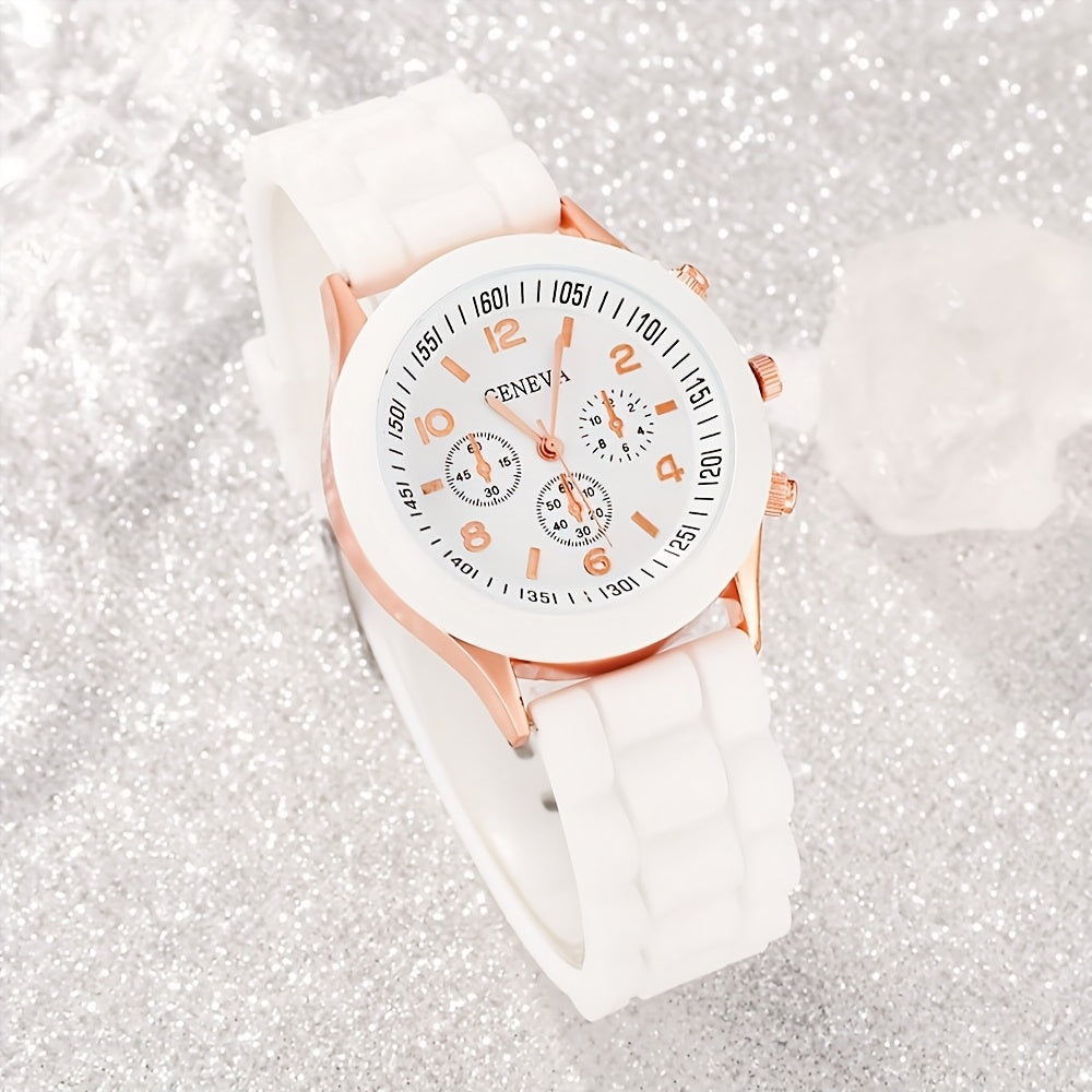 5pcs Fashion Women's Quartz Watch & Beaded Bracelet Set - Elegant White with Rose Golden Accents, Silicone Strap, Zinc Alloy Case, Non-Rechargeable Button Battery - Ideal for Valentine's, Birthdays, Easter, Graduation, Christ