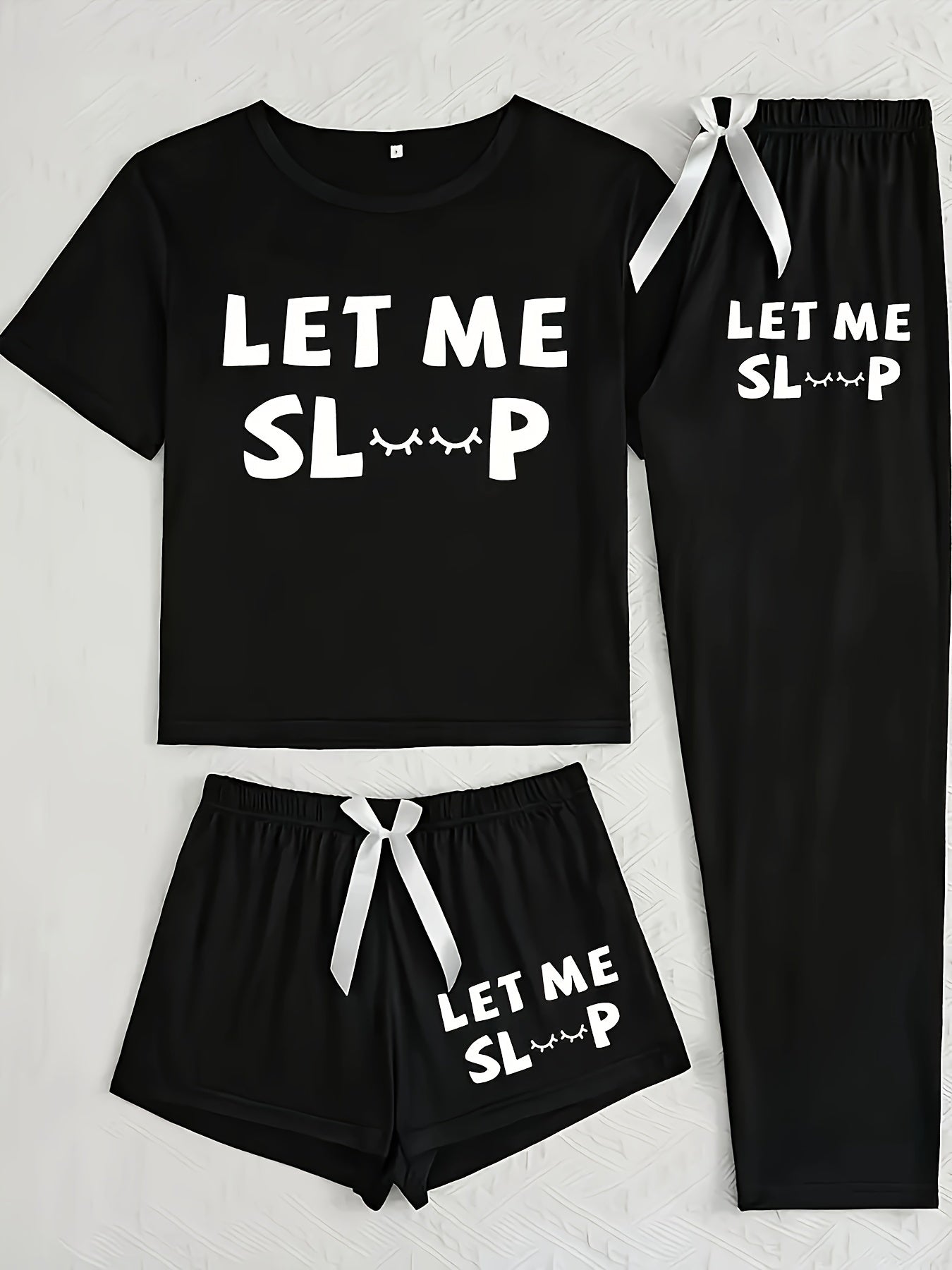 [Simple Letter Print] Women's Three Piece Set | Casual Pajamas | Short Sleeve Long Pants Shorts | Simple Letter Print