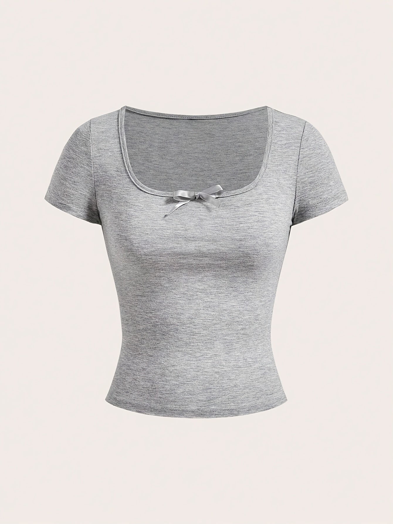 Ezwear Light Gray Knitted Women'S Summer Short-Sleeve Fitted T-Shirt with Bow Decoration And Square Neckline.