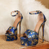 1 Pair European/American Style Women'S High Heel Sandals, Blue Floral Print Fabric Upper with Faux Lining, Rubber Sole, Ankle Strap, Open Toe, Stiletto Heel, Platform, Seasonal Footwear