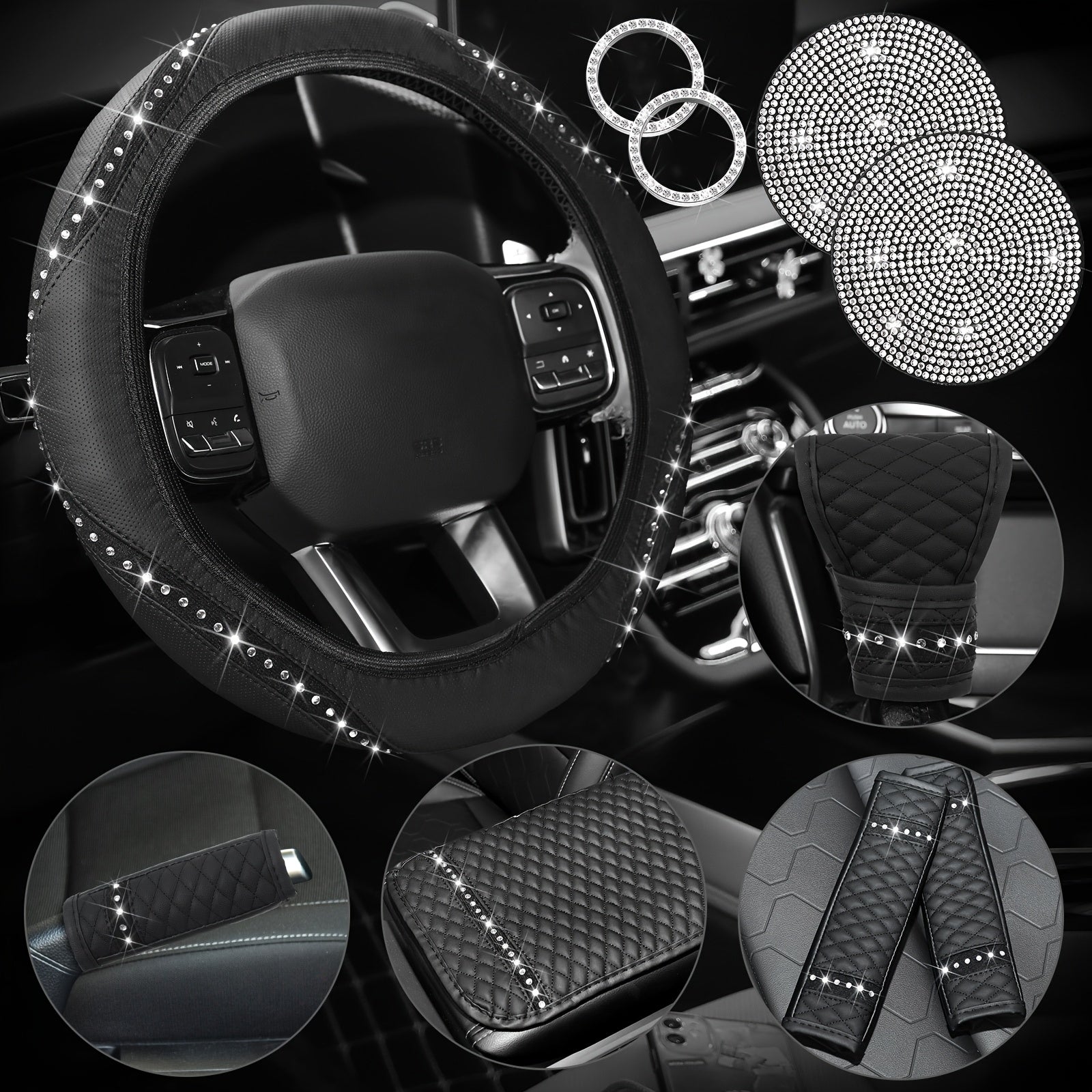 10pcs Bling Car Accessories Set For Women Rhinestones Faux Leather Accessories Steering Wheel Cover Armrest Cover Gear Shift Cover Seat Belt Cover Handbrake Cover Cup Pads Start Button Ring