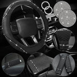 10pcs Bling Car Accessories Set For Women Rhinestones Faux Leather Accessories Steering Wheel Cover Armrest Cover Gear Shift Cover Seat Belt Cover Handbrake Cover Cup Pads Start Button Ring