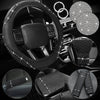 10pcs Bling Car Accessories Set For Women Rhinestones Faux Leather Accessories Steering Wheel Cover Armrest Cover Gear Shift Cover Seat Belt Cover Handbrake Cover Cup Pads Start Button Ring