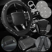 10pcs Bling Car Accessories Set For Women Rhinestones Faux Leather Accessories Steering Wheel Cover Armrest Cover Gear Shift Cover Seat Belt Cover Handbrake Cover Cup Pads Start Button Ring