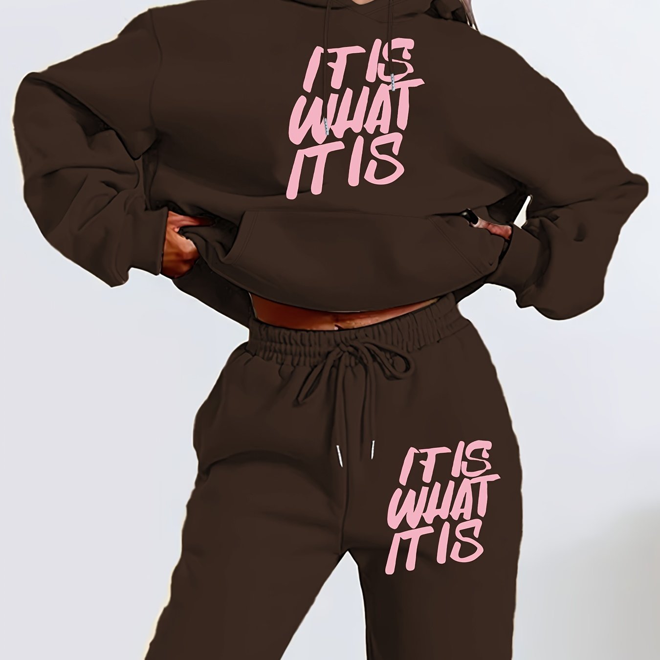 [Geometric Print Hoodie Set] Long Sleeve Geometric Print Hoodie & Jogger Set - Polyester Blend, Machine Washable, Kangaroo Pocket - Women's Casual Fall/Winter