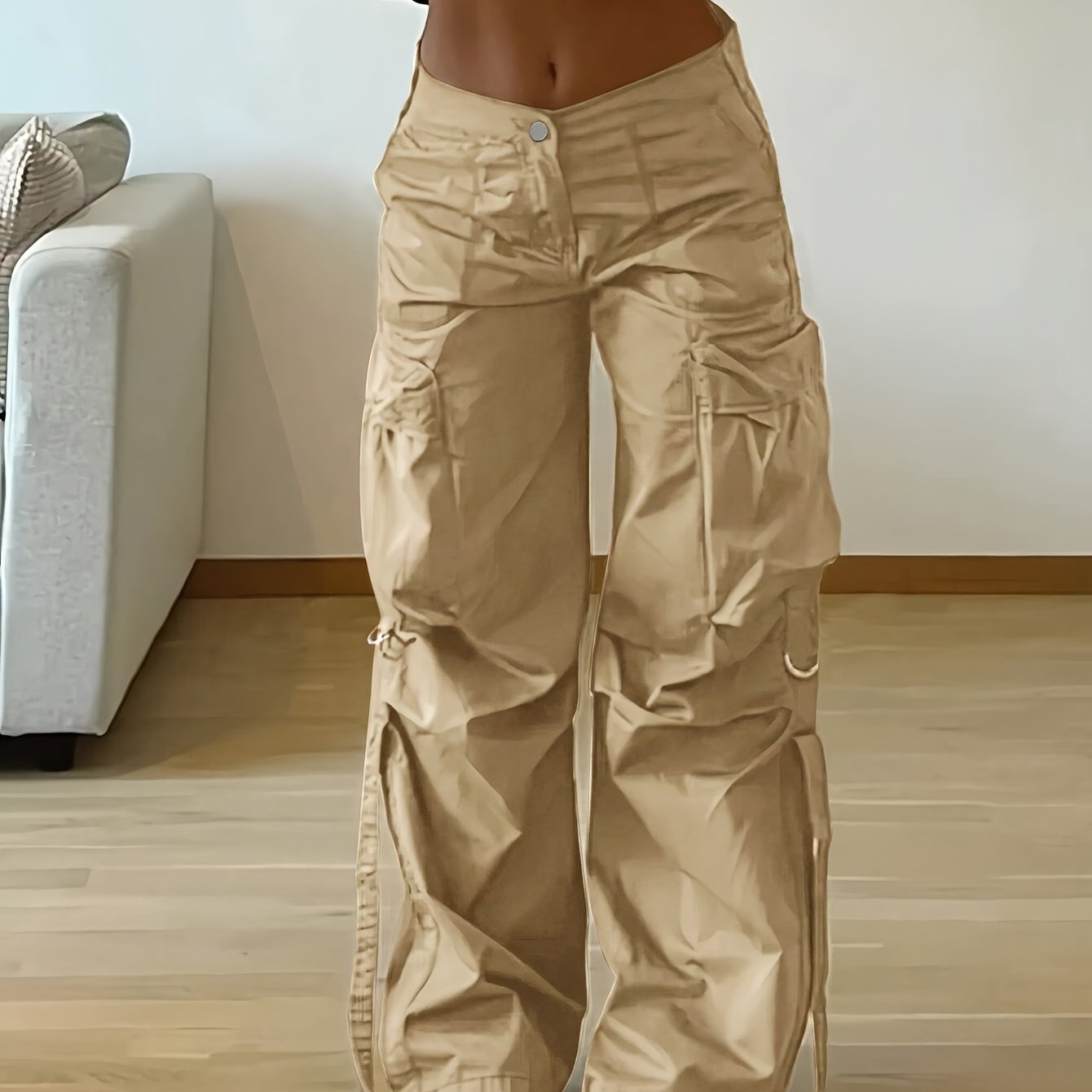 Women'S High-Waisted Loose Fit Cargo Pants - Y2K Inspired, 100% Polyester, Street Style with Flap Pockets & Tie Detail, Wide Leg Umbrella Design for Casual Wear, Perfect for All Season