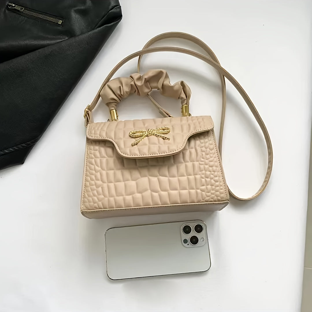 Vibrant Retro Crocodile Pattern Chic Shoulder Bag - Compact, Versatile, Fashionable, Everyday Wear with Bowknot Detail, Casual Street Style, and Chic Design - Perfect for Women's Daily Use