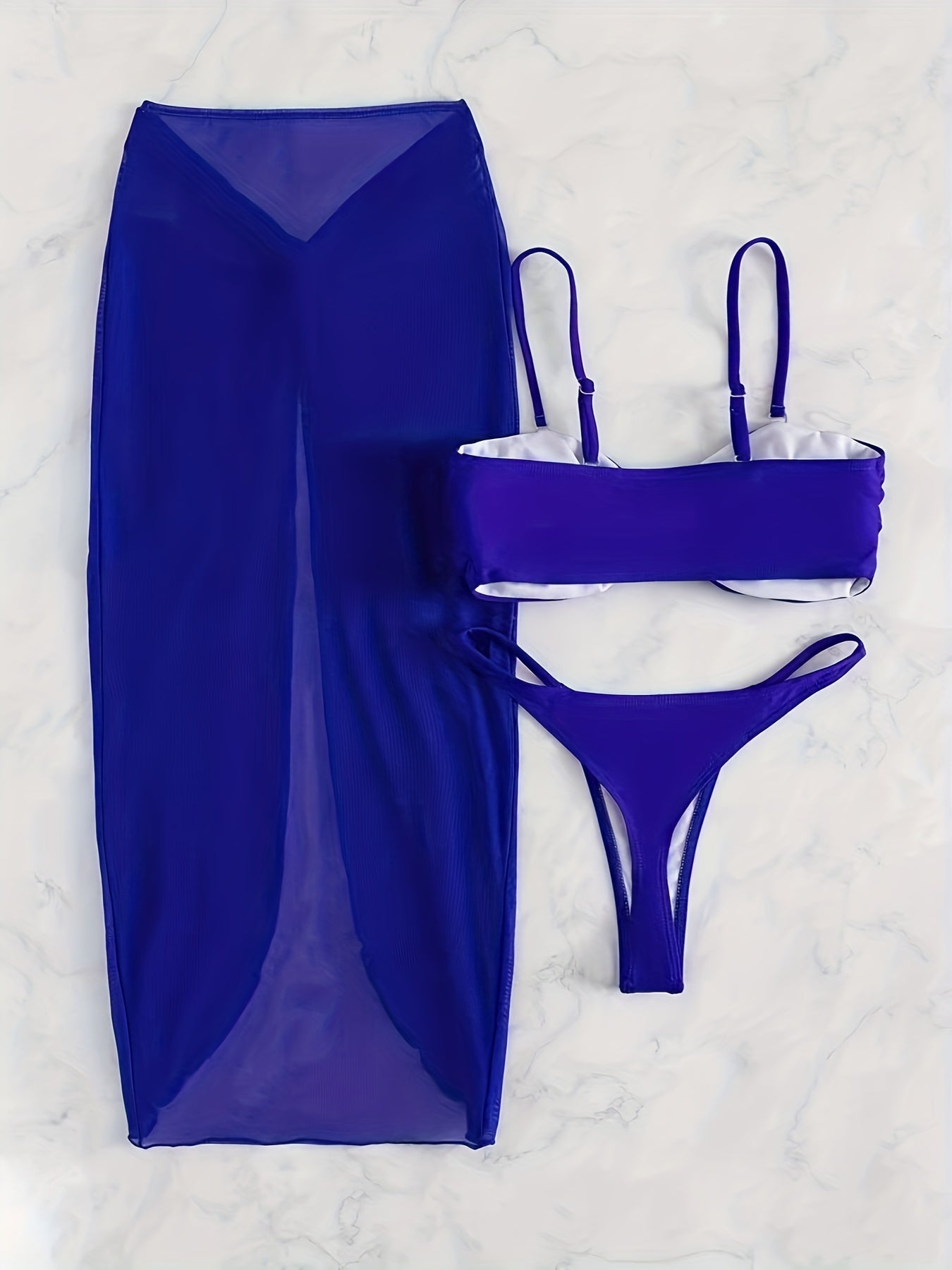 Women's 3-Piece Solid Color Bikini Set – U-Wire High Cut Thong Swimsuit with Matching Cover-Up Skirt, High-Stretch Swimwear