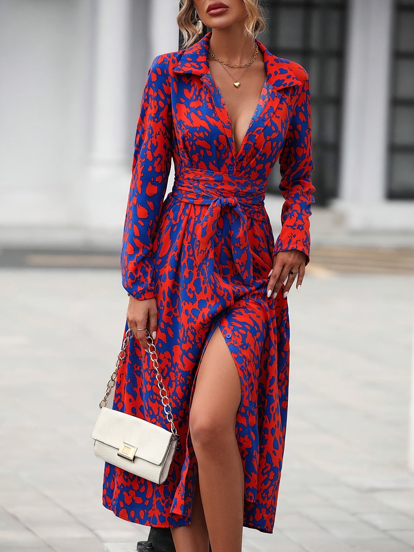 Elegant All-Over Print Shirt Dress with Belt - Long Sleeve, Button-Up Front, Red & Blue Floral Design, Polyester Fabric, Machine Washable - Women’s Fashion for Spring & Fall, Long Sleeve Dress