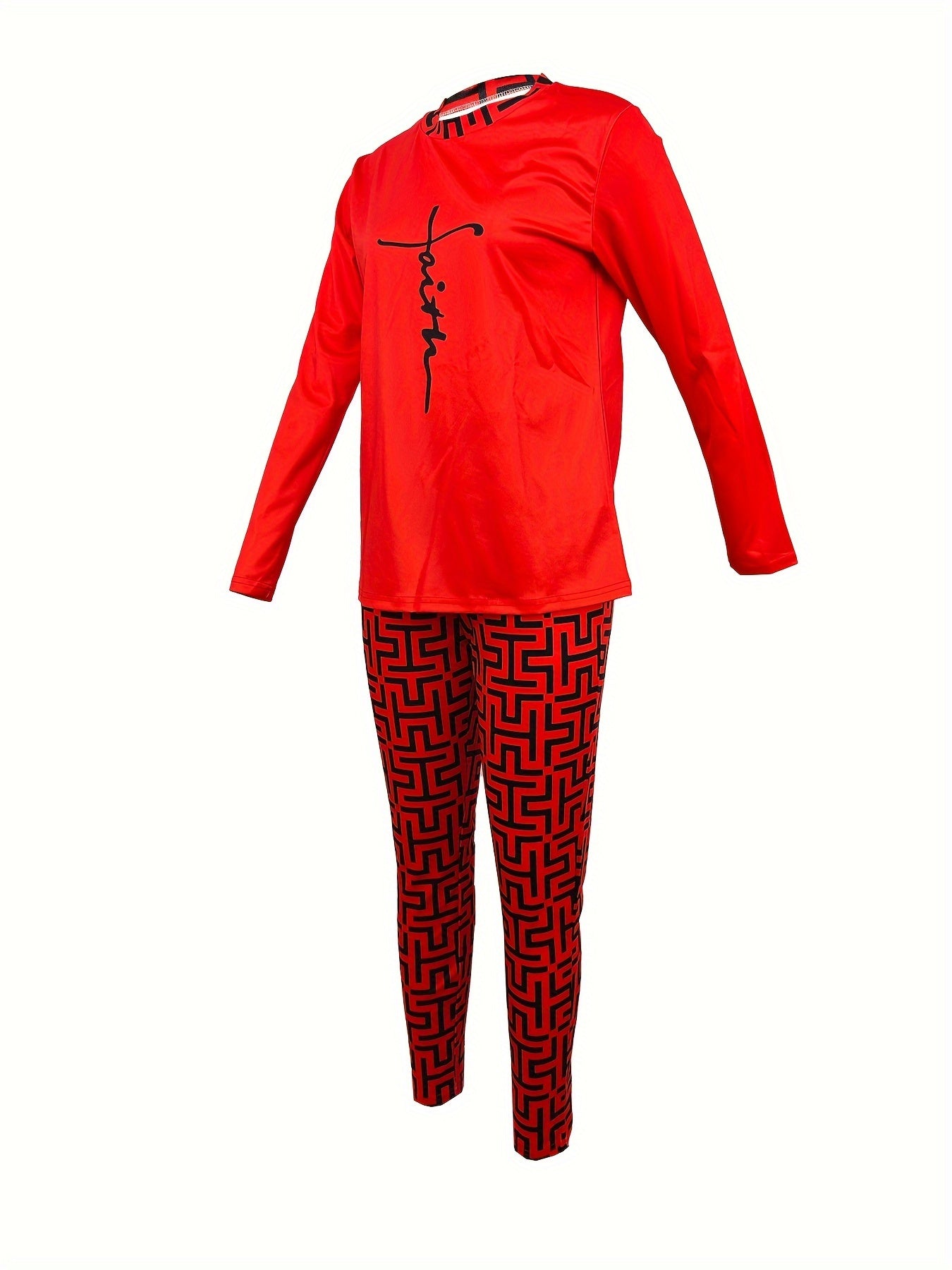 Chic Geo Print Women's Outfit - Casual Long Sleeve Top & Pants Set, Stretchy Polyester Blend, Machine Washable - For Women - Perfect for Everyday Wear  - Great Gift for Fashionable Ladies