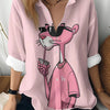 Women'S Long Sleeve Button-Up Shirt with Stylish Cartoon Cat Design - Casual Lapel Collar, Pink Shirt for Spring/Fall, Cute Long Sleeve Shirt