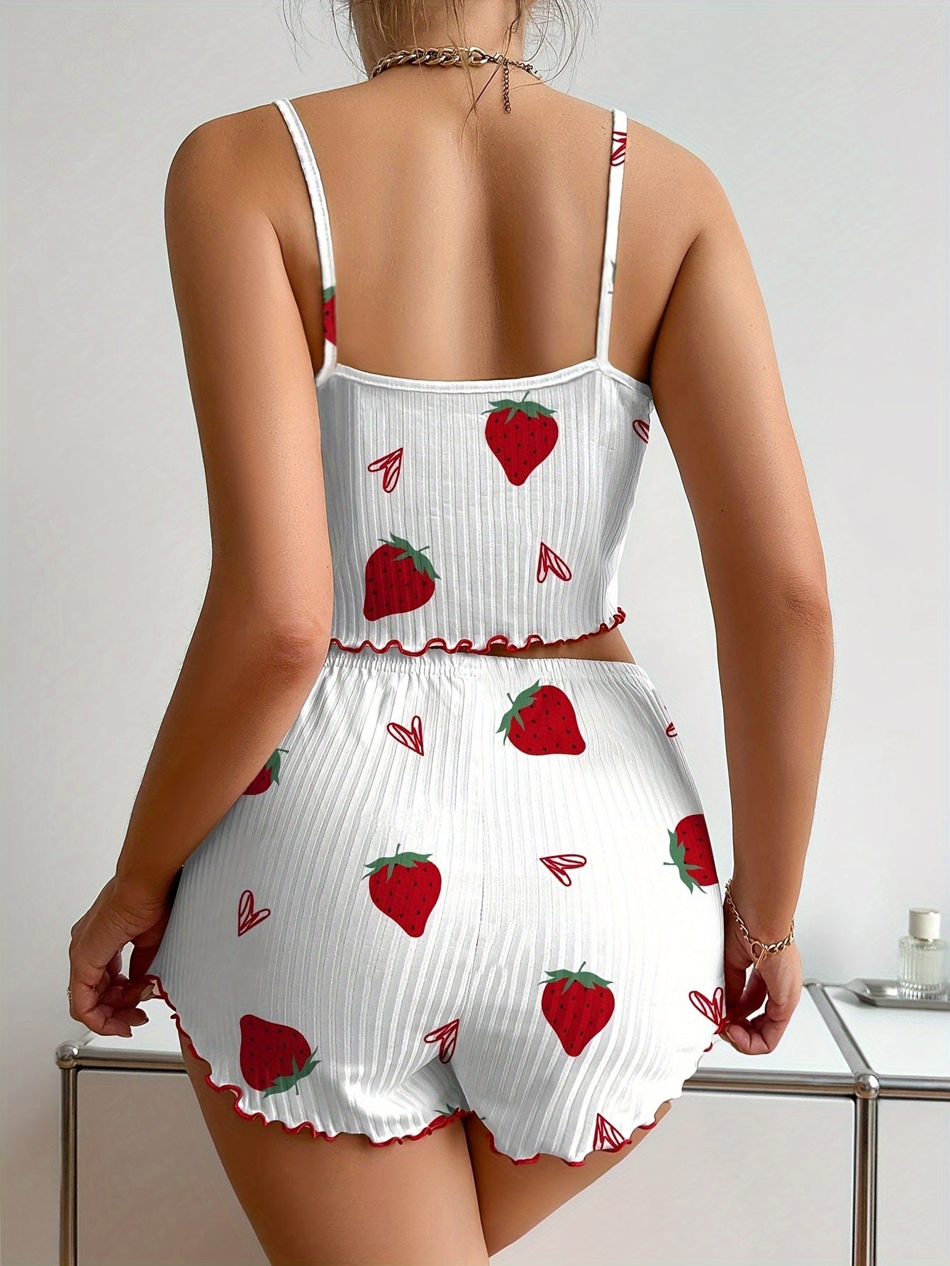 Women's Strawberry Print Sexy Ribbed Frill Trim Pajama Set, Round Neck Backless Crop Cami Top & Shorts, Comfortable Relaxed Fit, Summer Nightwear