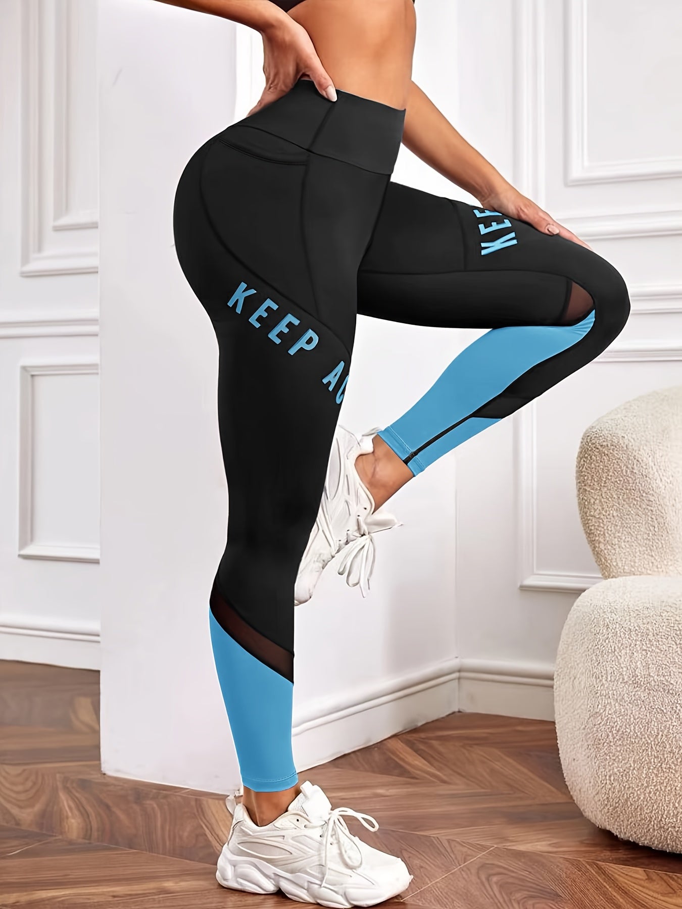 Casual Women'S Color-Blocked Mesh Patchwork Letter Print Pocket Comfortable Elastic Waist Versatile Tight Yoga Leggings.