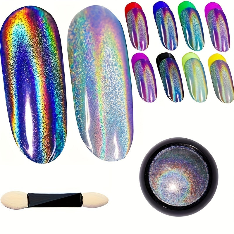 1 Box Holographic Chrome Nail Glitter, Rainbow Unicorn Mirror Effect Pigment, Multifunctional Nail Art DIY Decor with Sponge Applicator, Hypoallergenic Square Shaped Flakes for Arts