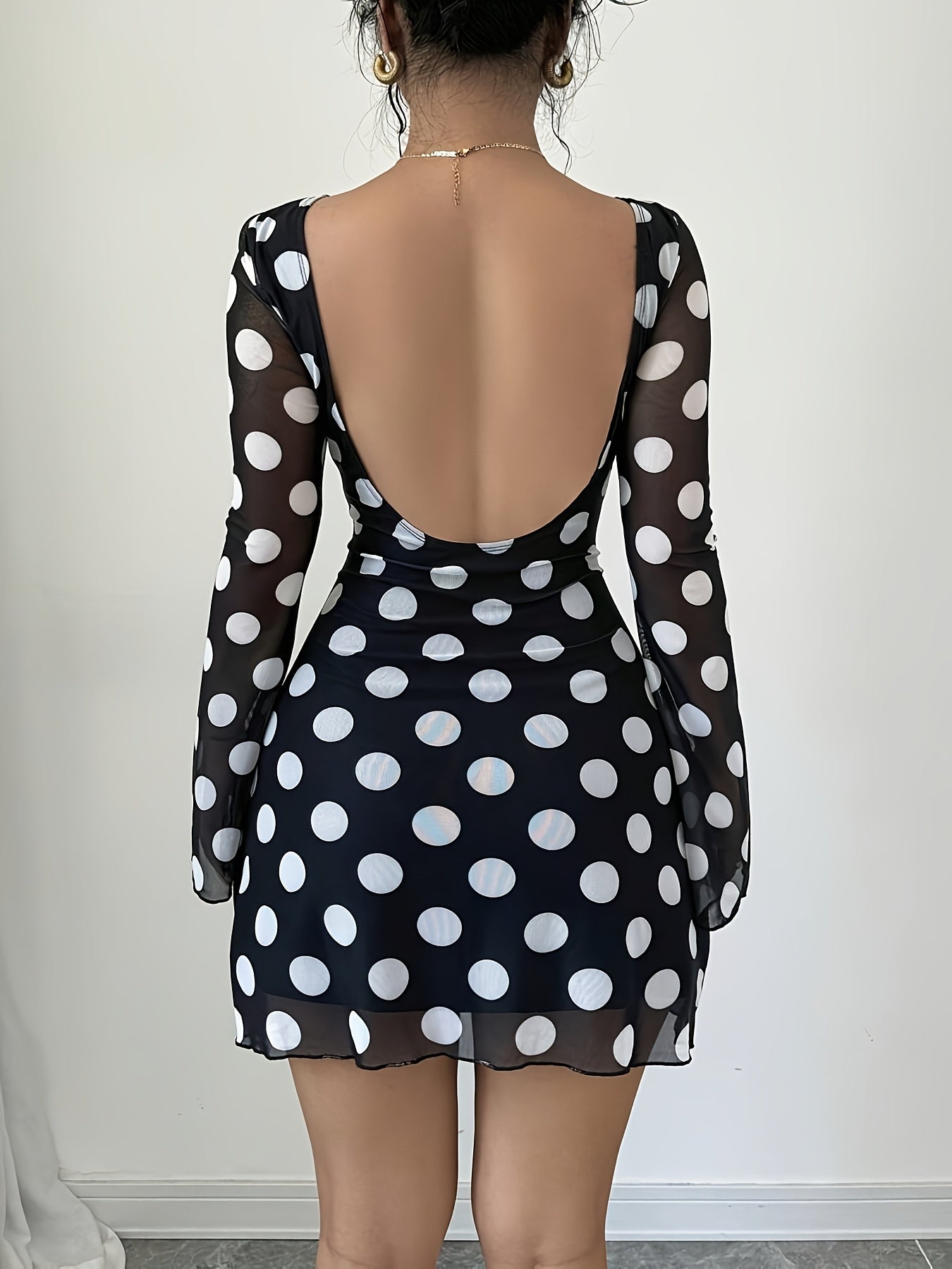 Elegant Women's Polka Dot Backless Mesh Mini Dress with Flare Sleeves - Black & White, Form-Fitting, Polyester & Elastane, Perfect for Spring & Autumn, Casual Elegance | Flare Sleeve Dress | Knit Construction, Cute Dresses