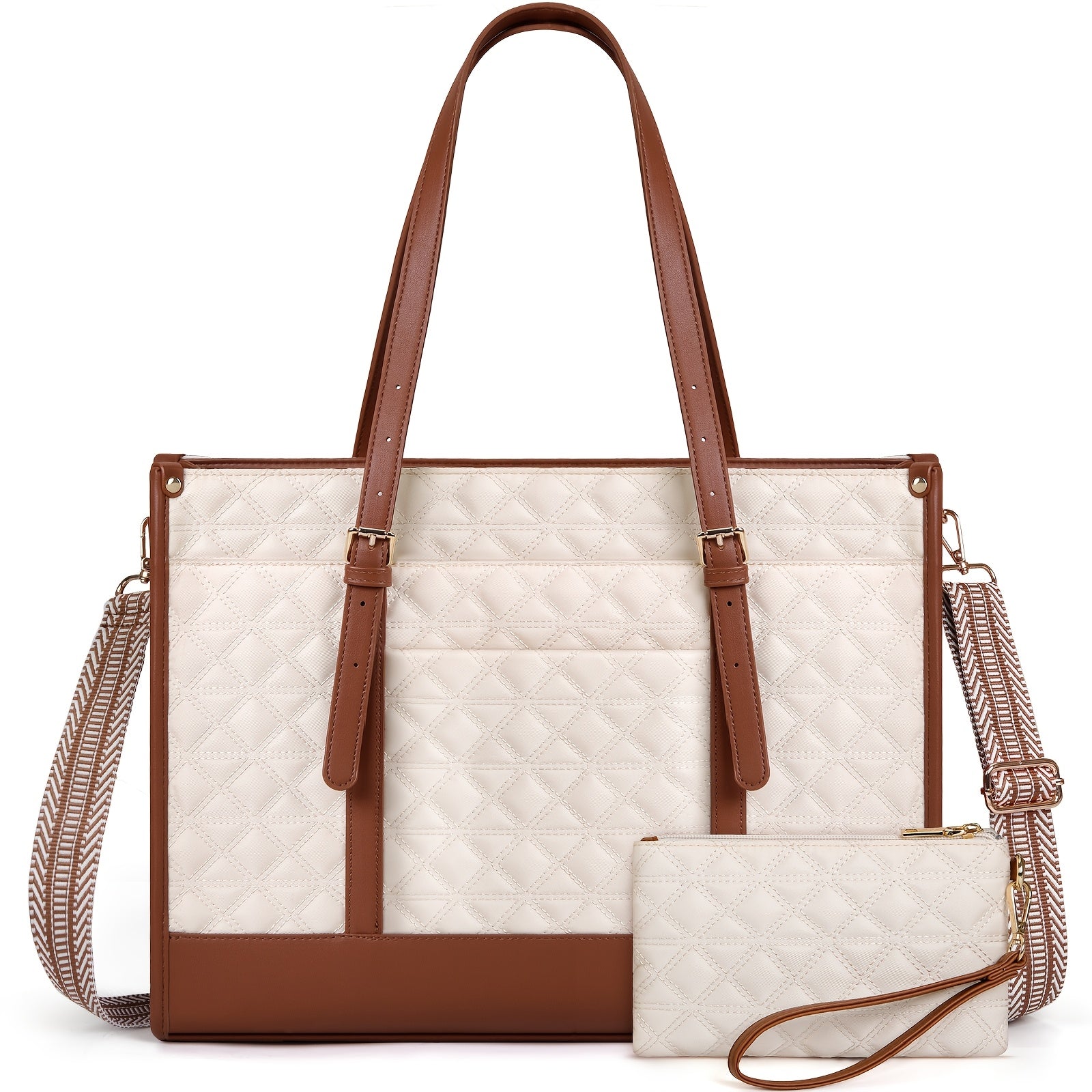 KTMOUW Laptop Bag For Women 15.6 Inch Vegan Faux Leather Work Tote Bag Quilted Womens Briefcase Designer Laptop Bags For Office Teacher College Cute Computer Bag With Purse Professional Beige & Brown