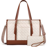 KTMOUW Laptop Bag For Women 15.6 Inch Vegan Faux Leather Work Tote Bag Quilted Womens Briefcase Designer Laptop Bags For Office Teacher College Cute Computer Bag With Purse Professional Beige & Brown