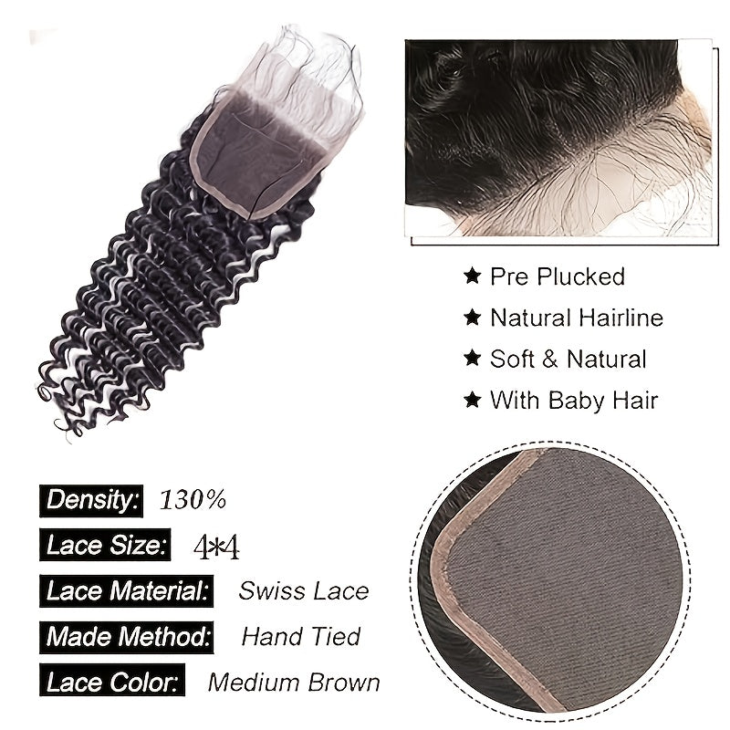 Human Hair Deep Wave Human Hair Bundles With 4*4 Lace Closure, 100% Unprocessed Brazilian Virgin 4x4 HD Lace Closure 180 Density With Deep Wave Hair Bundles, Natural Black Modern Fashion For Black Women