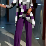 Women'S Geometric Patterned Crew Neck Top with Three Quarter Length Sleeves and Solid Color Pants Two-Piece Set