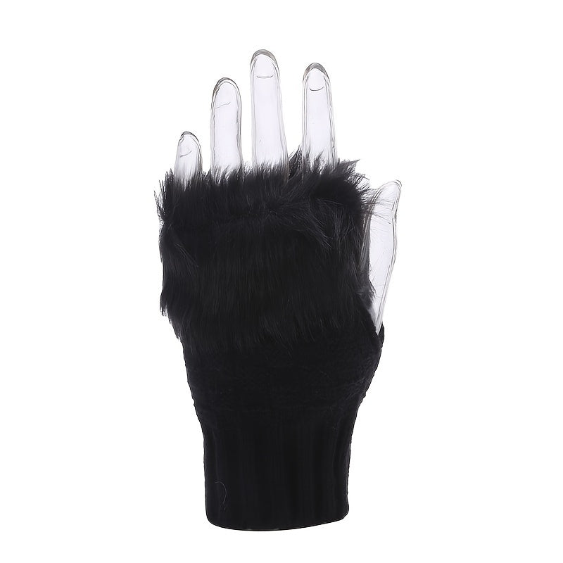 1 Pair Vintage Style Women'S Fleece-Lined Knitted Mittens - Cotton Blend, Elastic Fit, Solid Color, Warm and Cozy for Going Out - Hand Washable