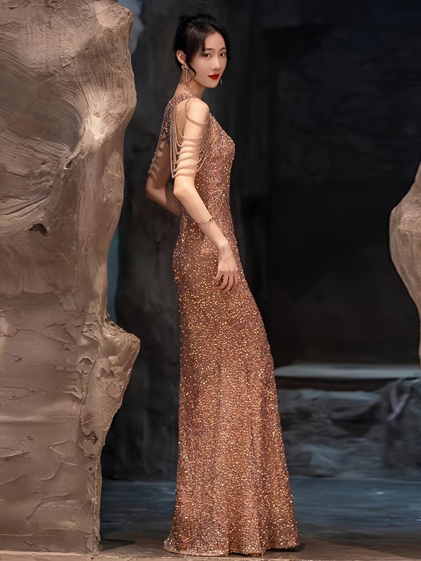 V-Neck Bodycon Long Evening Gown, Luxury Birthday Party Dress, Knit Fabric, Zipper, Solid Color, All-Season, for Adult Women