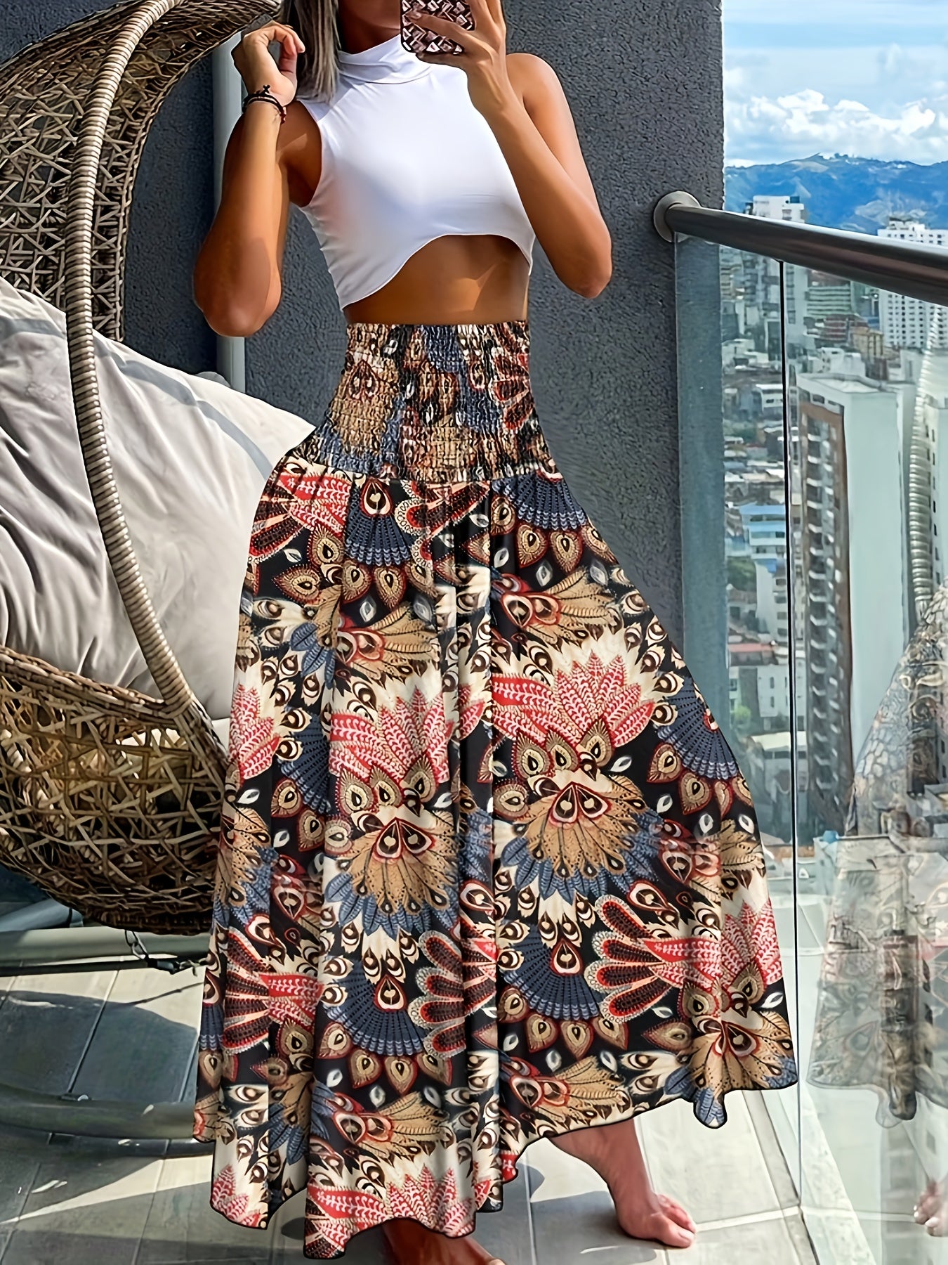Women's Spring Summer Vacation Leisure High Waist Tribal Geometric Print Pleated Loose A-line Skirt Pants