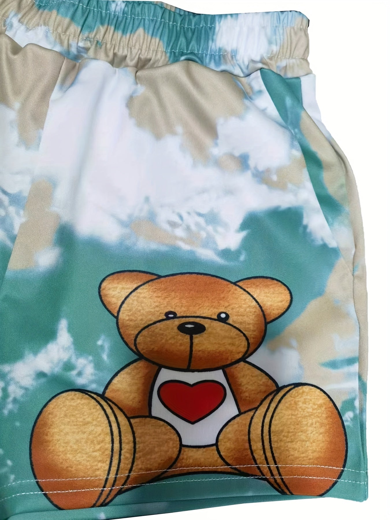 Cartoon Bear Print Two-piece Set, Drawstring Short Sleeve Tee & Elastic Waist Shorts Outfits, Women's Clothing