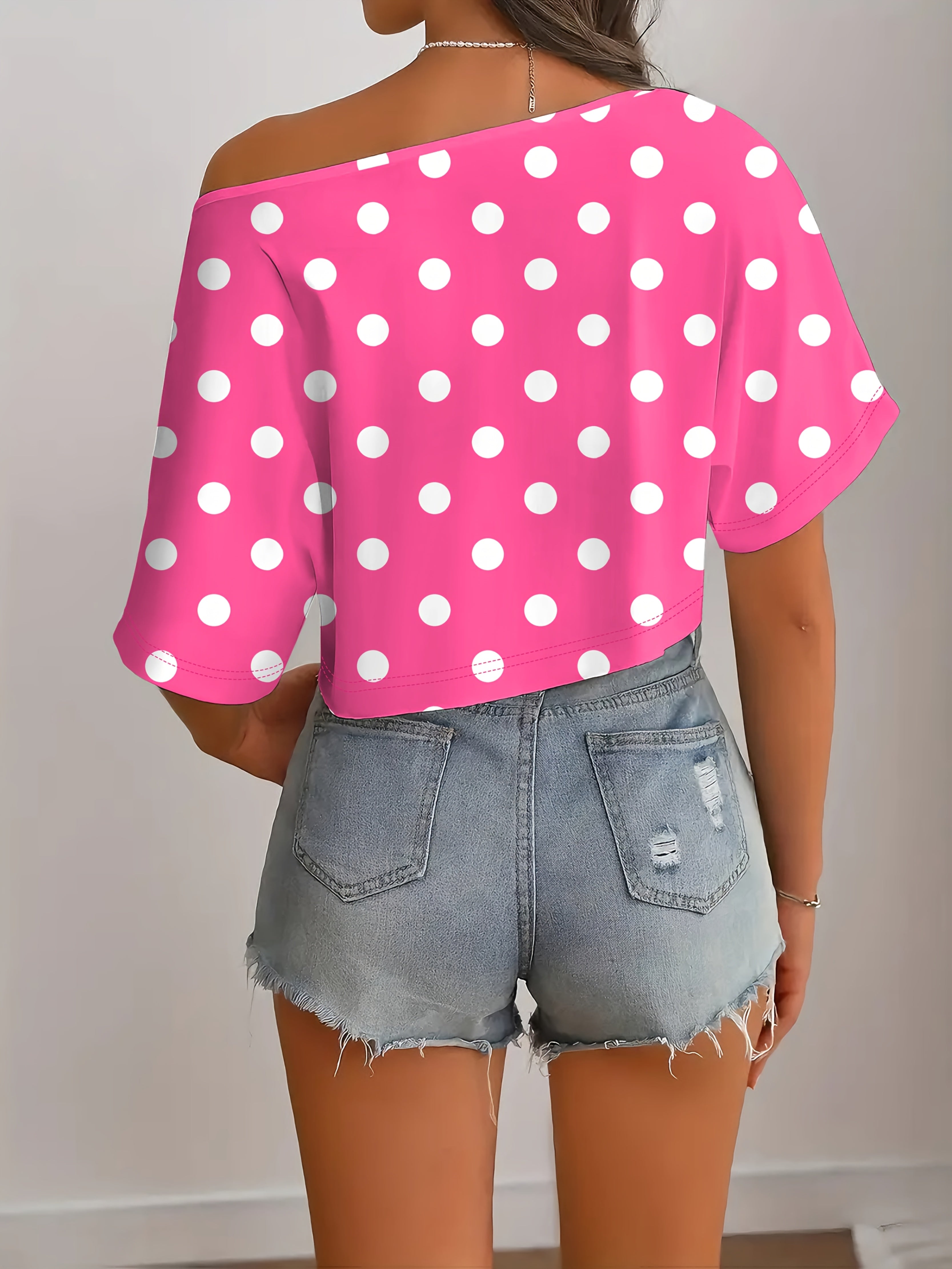 Women's Summer Top, Fashionable Design, Innovative Pattern, Minimalist Artistic Style, Expressive and Romantic, Free to Mix & Match, Portrait Print, Sexy Off-Shoulder T-Shirt with Polka Dots