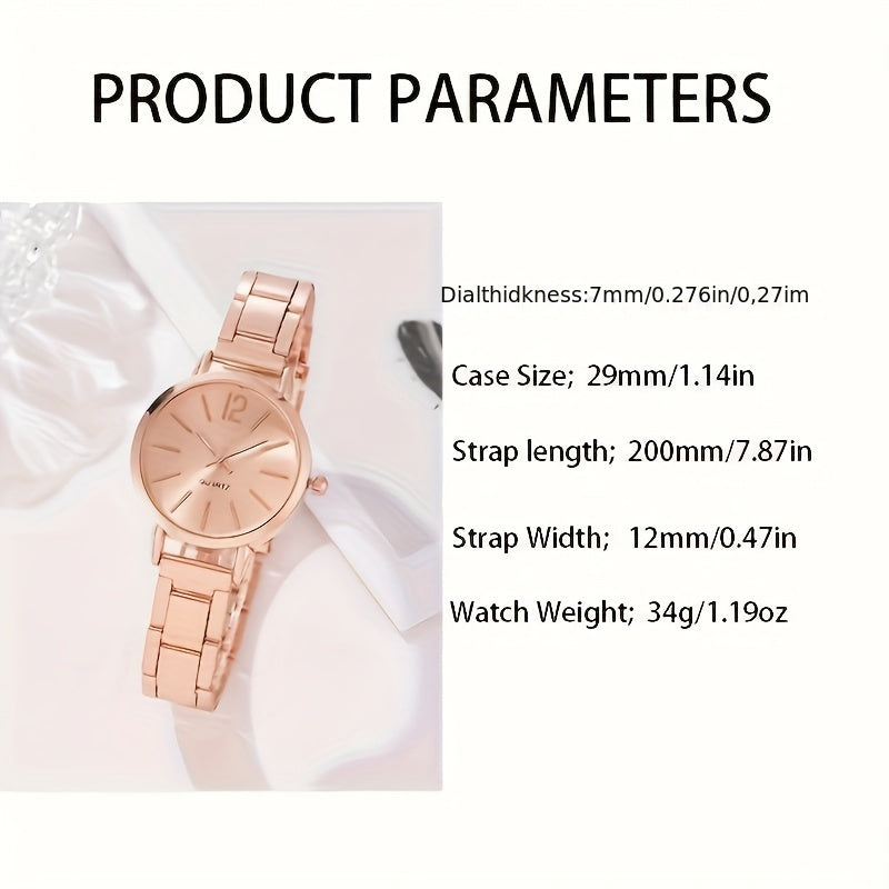 Fashionable Women'S Quartz Watch And Bracelet Set, Analog Round Dial, Shock-Resistant Alloy Band And Case, Non- with Button Battery - 1 Watch + 1 Bracelet Combination Package, Gift for Eid, Ramadan
