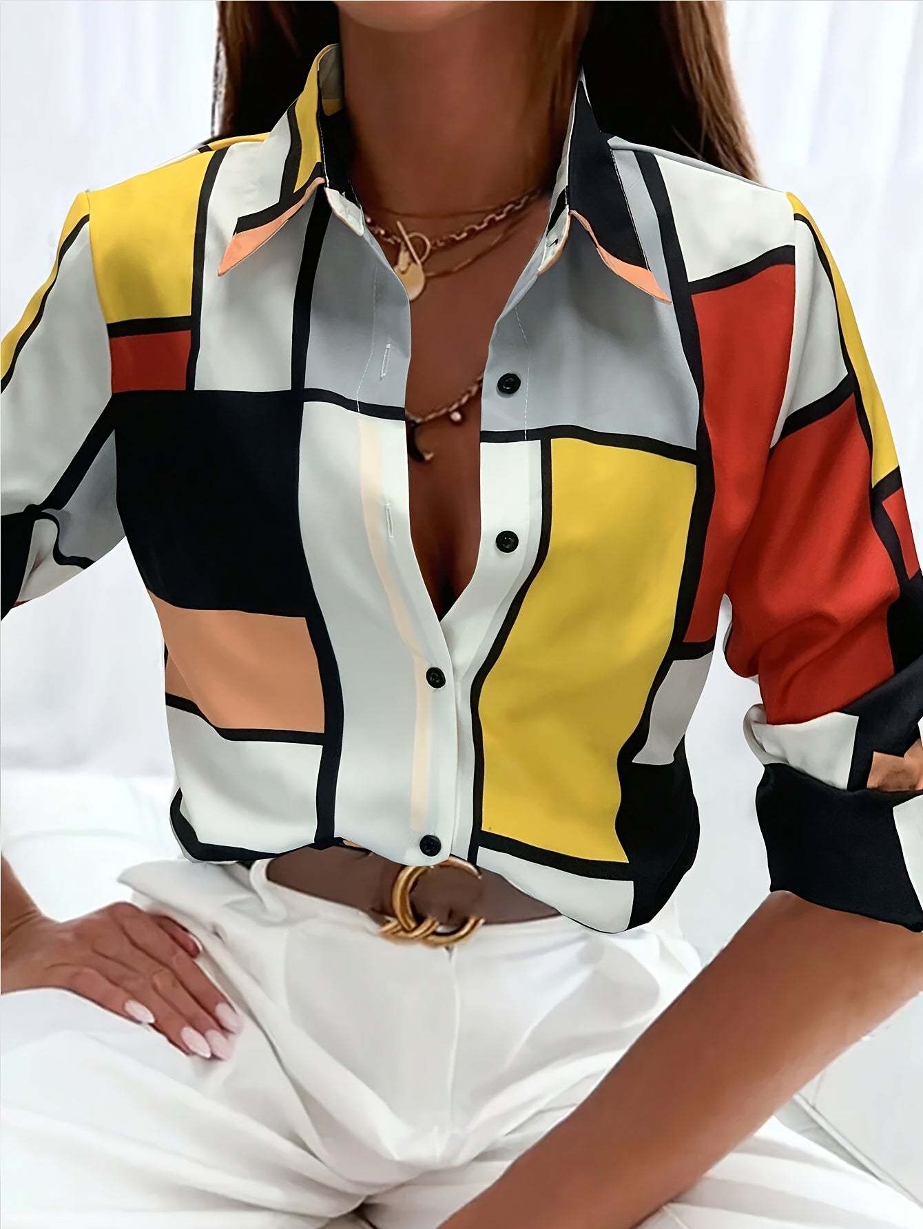 Color Block Button Up Shirt, Elegant Long Sleeve Collared Shirt For Spring & Fall, Women's Clothing