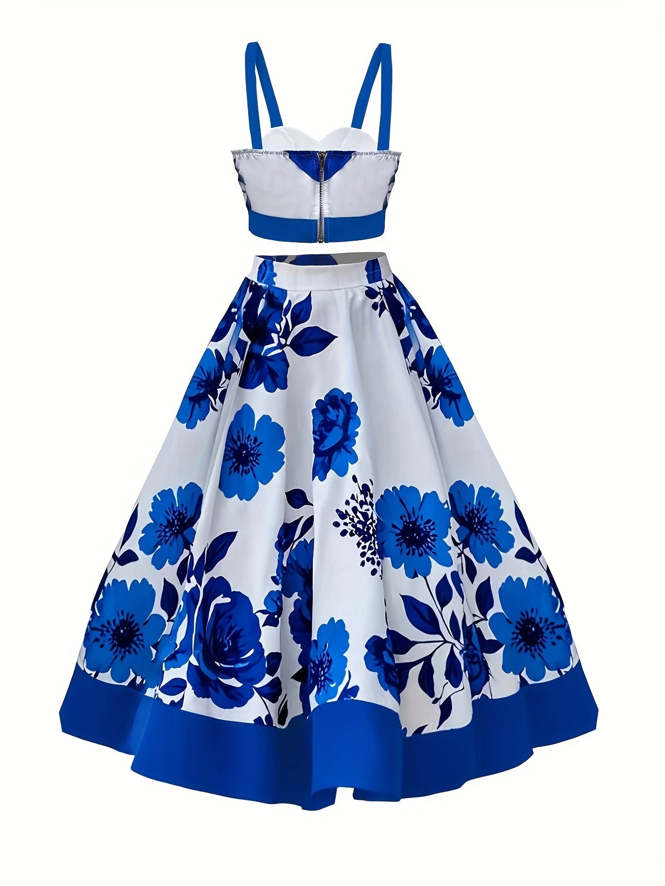 Elegant Floral Print Two-Piece Skirt Set - V-Neck Crop Top & High-Waist Flared Skirt, Polyester/Spandex Blend, Machine Washable, Perfect for Spring/Fall Fashion