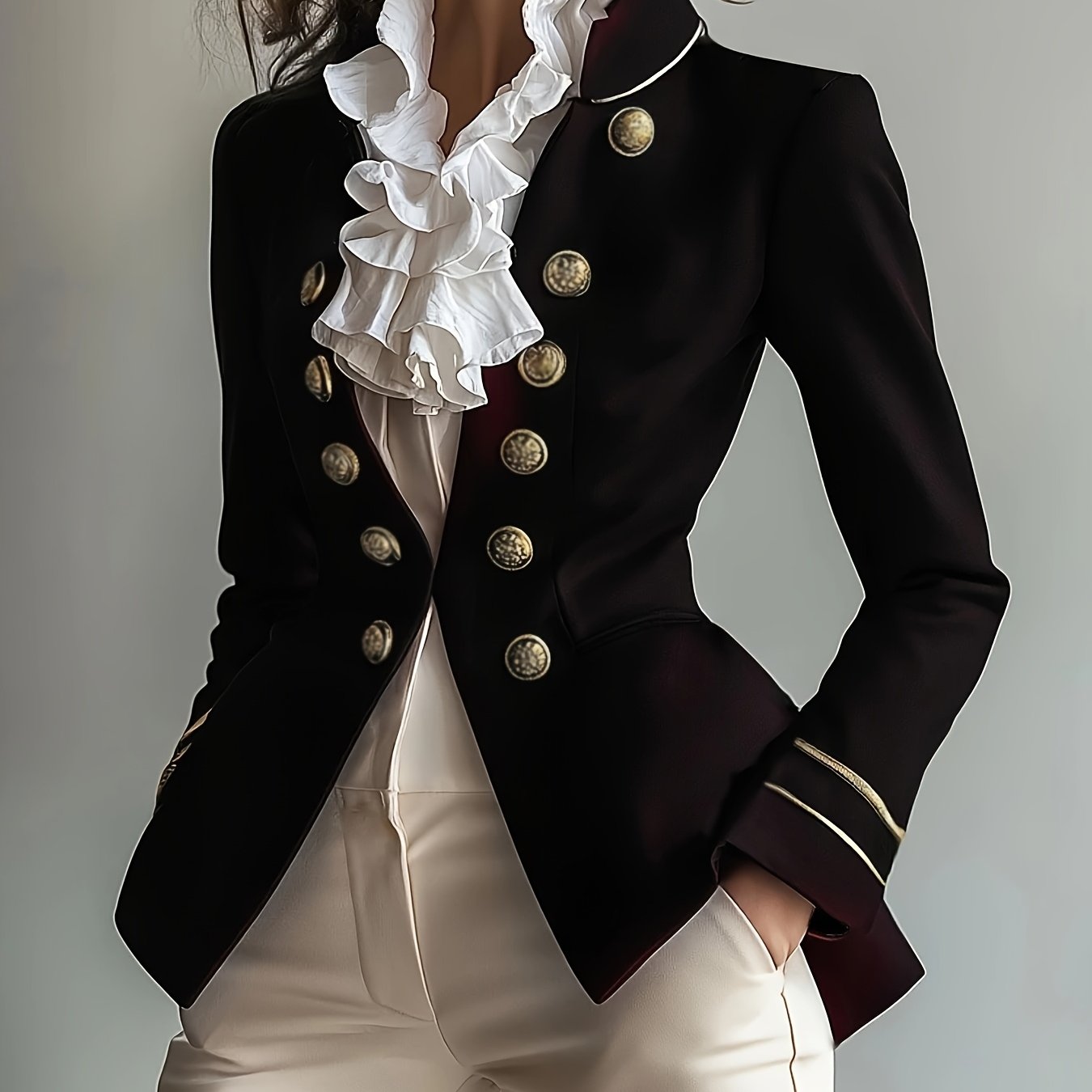 Elegant Black Double-Breasted Blazer with Golden Buttons - Stylish Ruffled White Collar, Long Sleeves, Polyester Fabric, Perfect for Spring/Fall, Formal Attire|Classic Blazer|Polyester Blazer