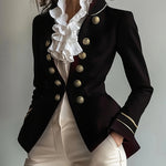 Elegant Black Double-Breasted Blazer with Golden Buttons - Stylish Ruffled White Collar, Long Sleeves, Polyester Fabric, Perfect for Spring/Fall, Formal Attire|Classic Blazer|Polyester Blazer