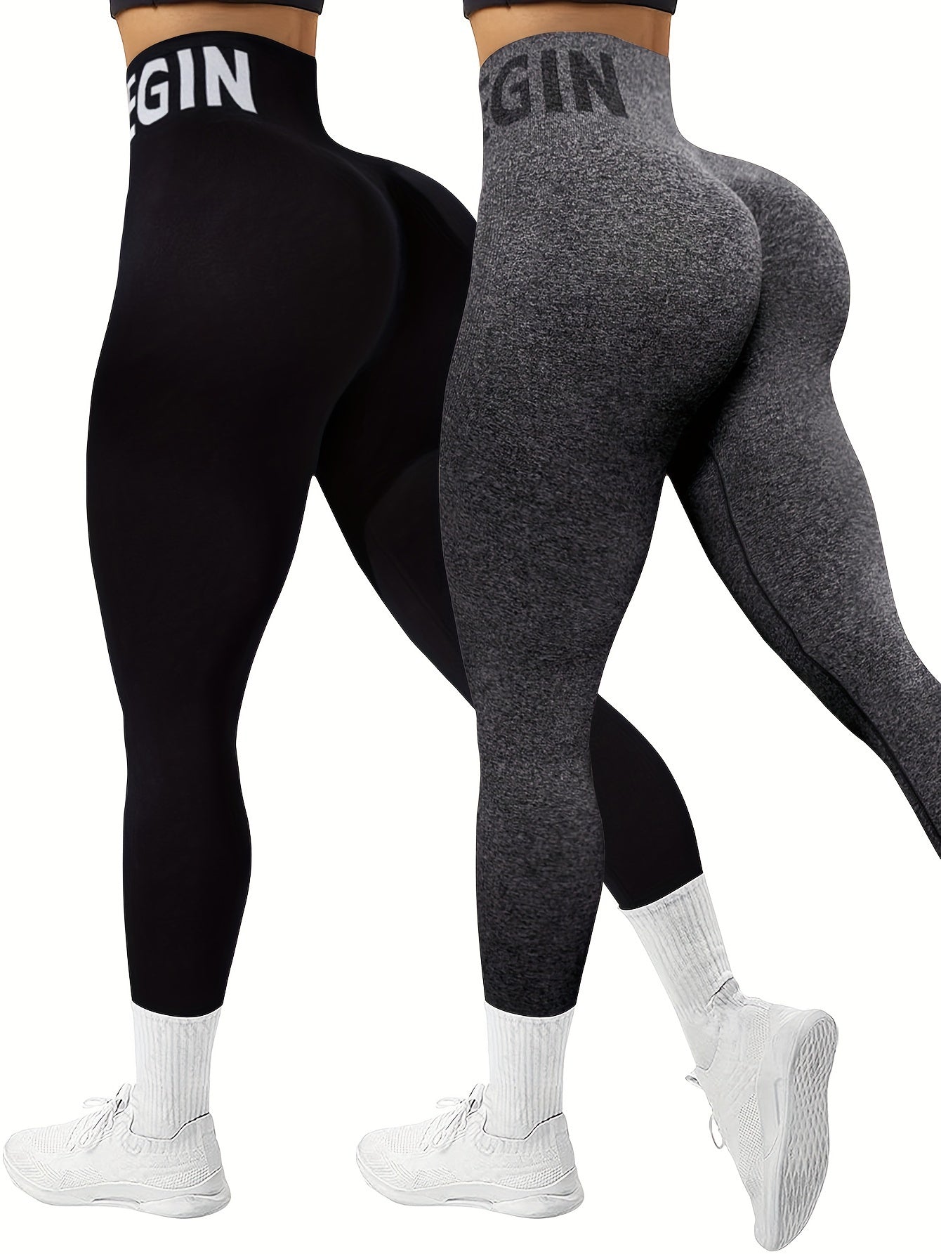 Women's Seamless High Waist Sports Leggings, 2 Pack Knit High Stretch Letter Print Yoga Leggings