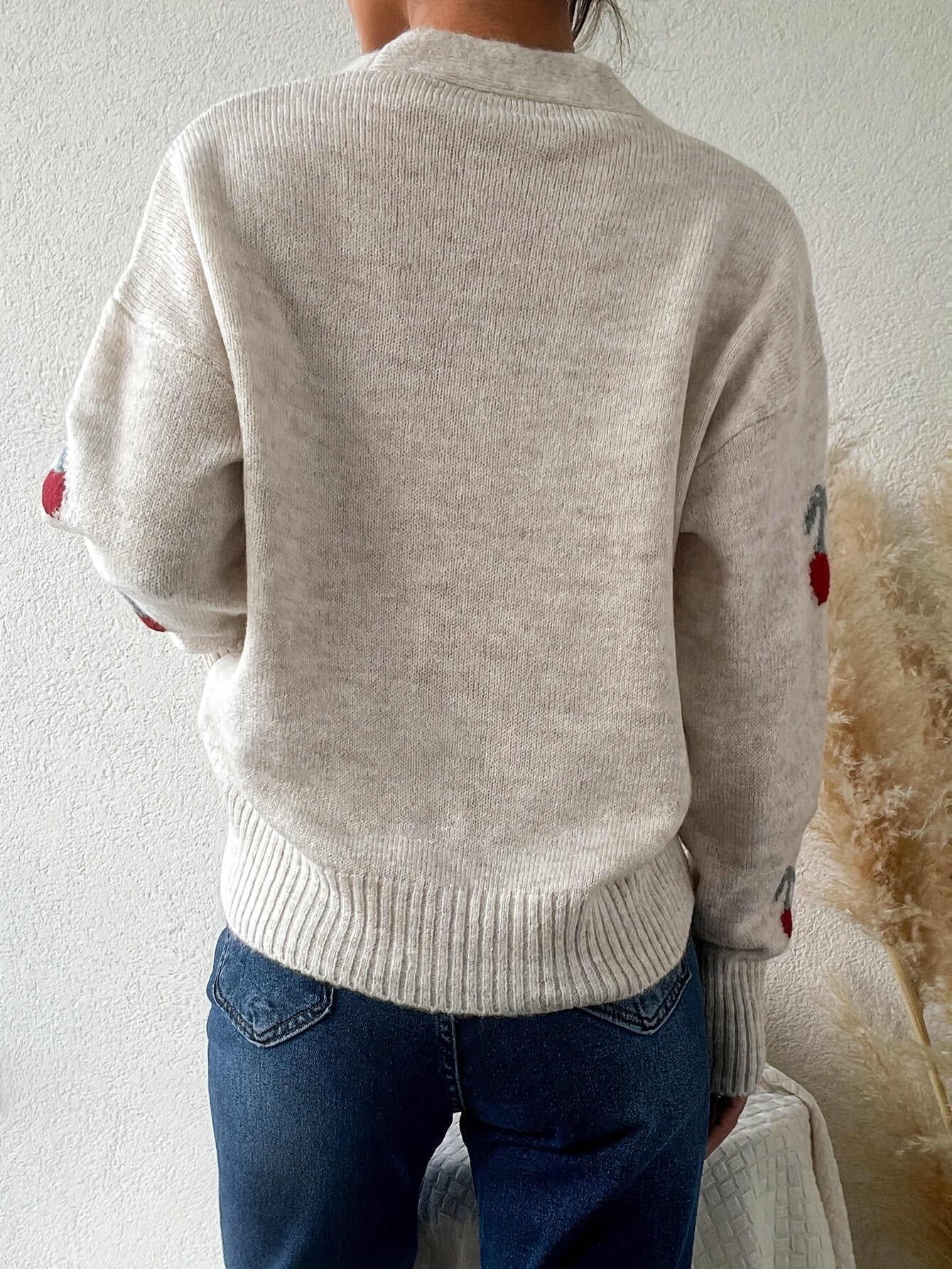 Elegant Cherry Pattern Knit Cardigan for Women - Soft Acrylic Blend, Open Front, Long Sleeve, Cozy Autumn Style with Red Cherry Design on White Background, Cherry Decor