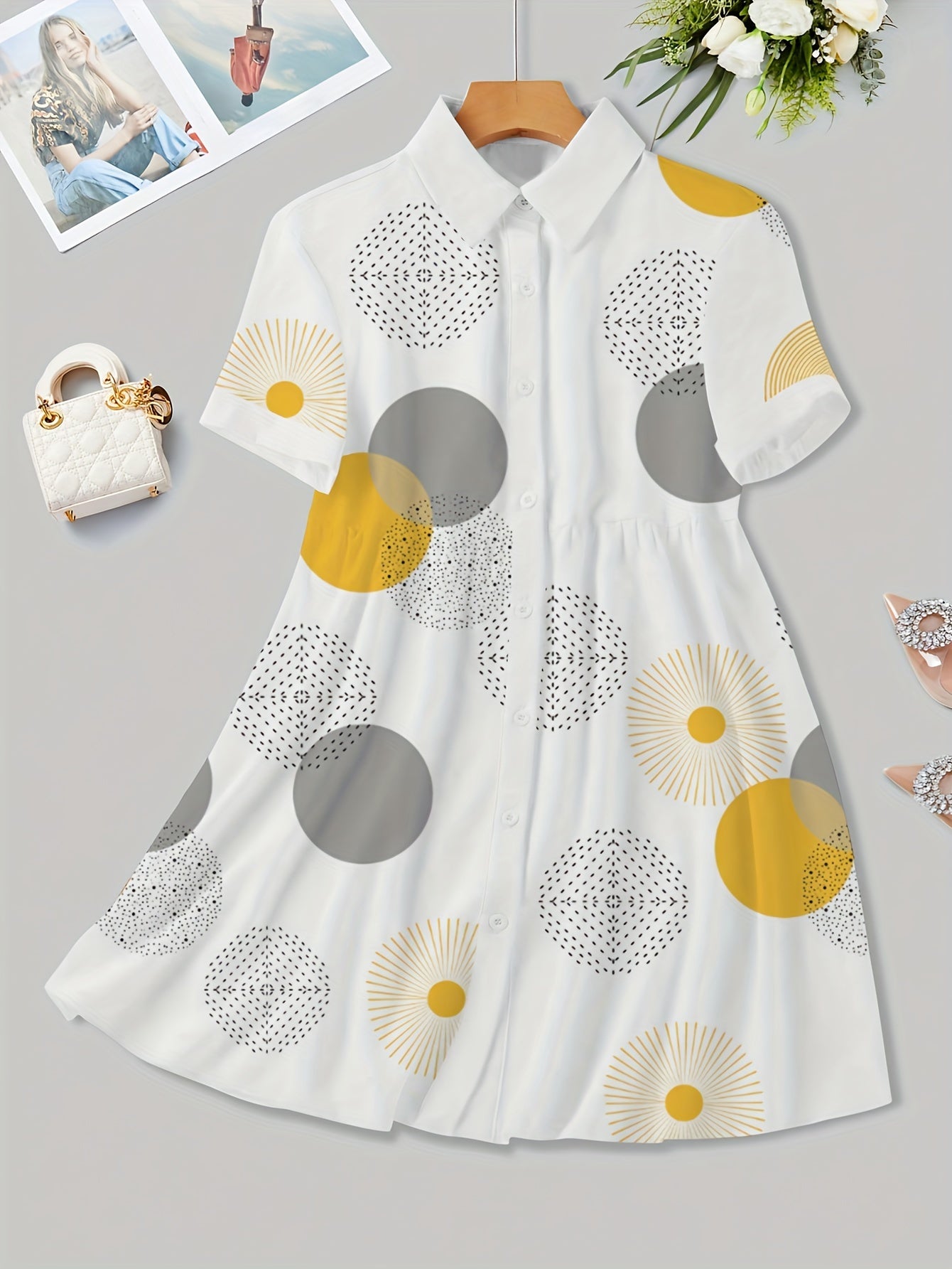Casual Machine Washable A-Line Dress - Chic Geometric Print with Button Front and Collar - Perfect for All Seasons
