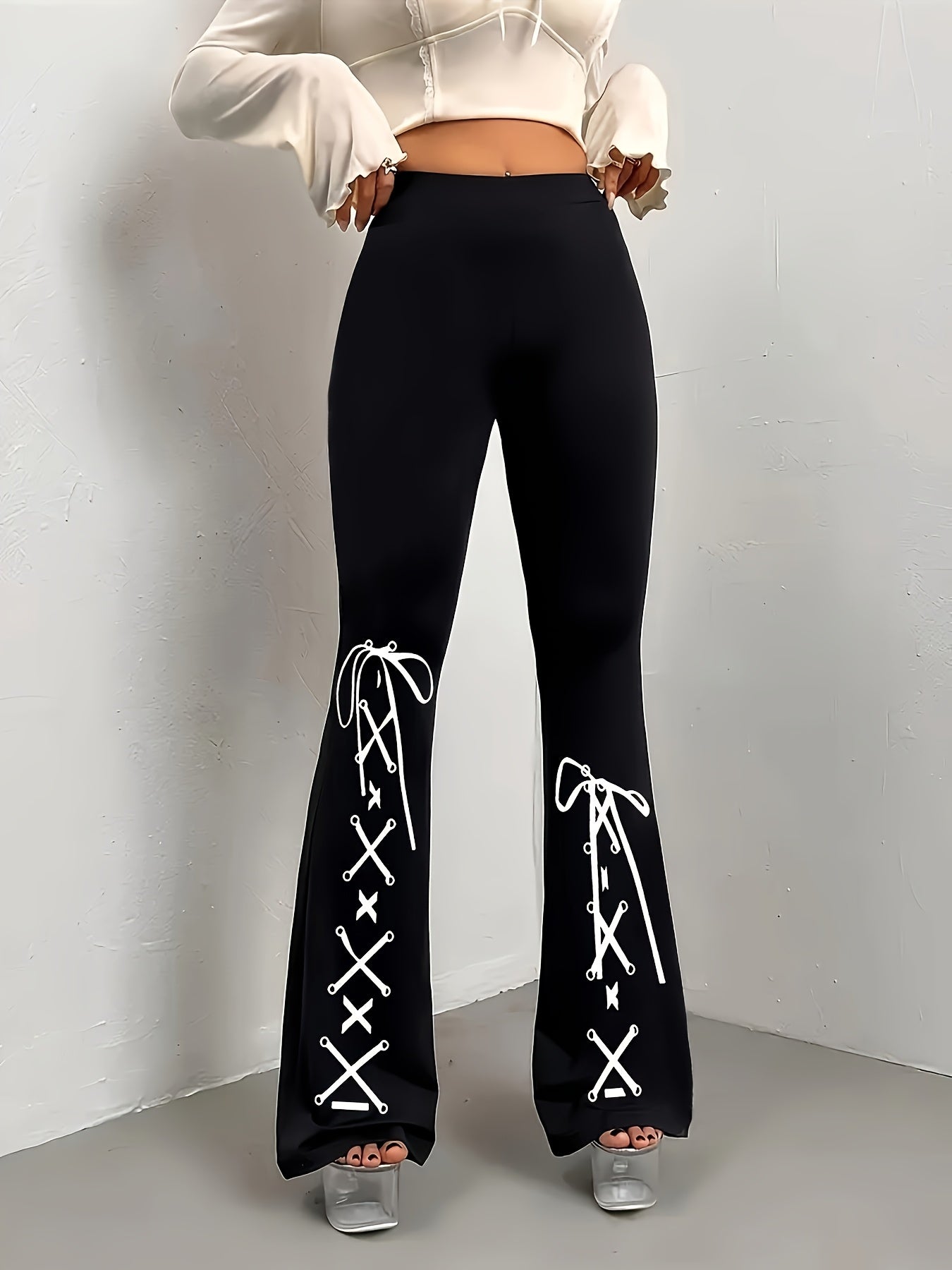 Women's Flared Pants | Black with White Lace-Up Design | Stretchy Polyester-Spandex Blend | Casual All-Season Wear | Machine Washable | Slim Fit Bell Bottoms for Everyday Style, Allseason Trousers | Stylish Casualwear | Comfo