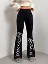 Women's Flared Pants | Black with White Lace-Up Design | Stretchy Polyester-Spandex Blend | Casual All-Season Wear | Machine Washable | Slim Fit Bell Bottoms for Everyday Style, Allseason Trousers | Stylish Casualwear | Comfo